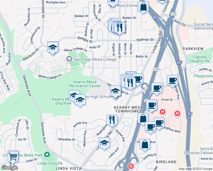 map of restaurants, bars, coffee shops, grocery stores, and more near 7366 Mesa College Drive in San Diego