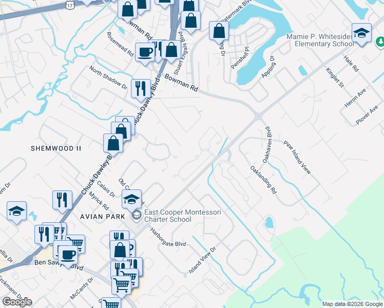 map of restaurants, bars, coffee shops, grocery stores, and more near 1265 Llewellyn Road in Mount Pleasant