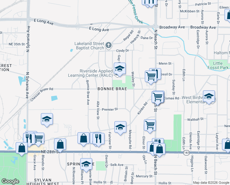 map of restaurants, bars, coffee shops, grocery stores, and more near 3133 Lakeland Street in Fort Worth