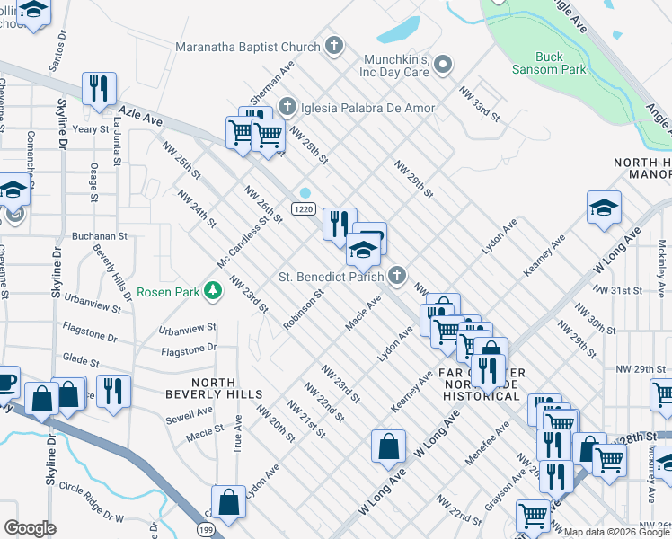 map of restaurants, bars, coffee shops, grocery stores, and more near 3100 Northwest 26th Street in Fort Worth