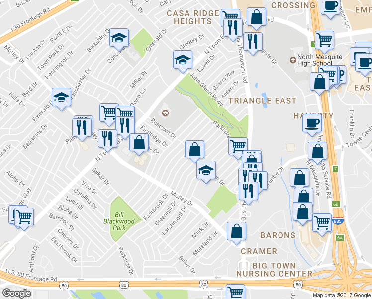 map of restaurants, bars, coffee shops, grocery stores, and more near 2602 Cumberland Drive in Mesquite