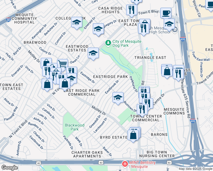 map of restaurants, bars, coffee shops, grocery stores, and more near 2602 Cumberland Drive in Mesquite