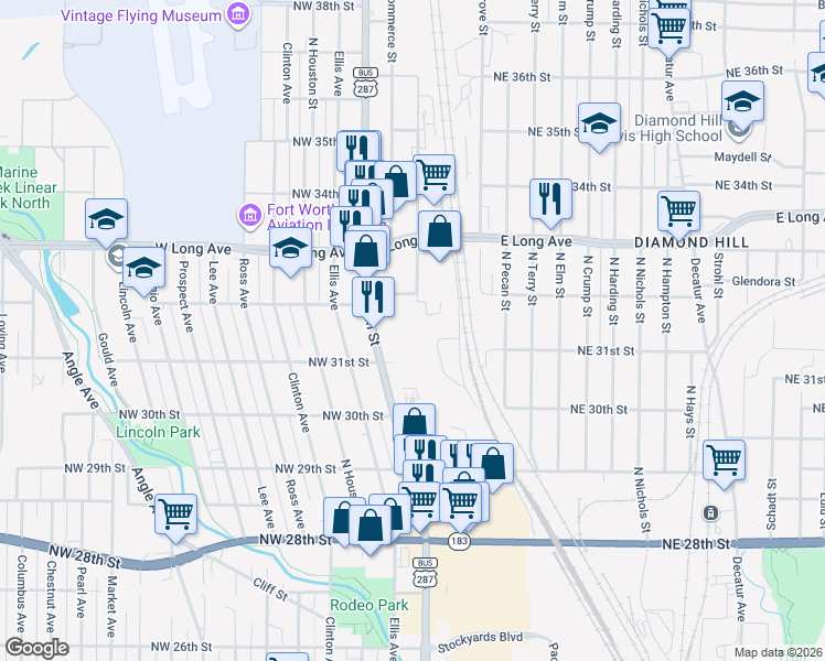 map of restaurants, bars, coffee shops, grocery stores, and more near 3113 North Commerce Street in Fort Worth