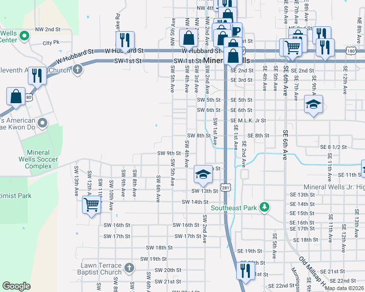 map of restaurants, bars, coffee shops, grocery stores, and more near 910 Southwest 4th Avenue in Mineral Wells