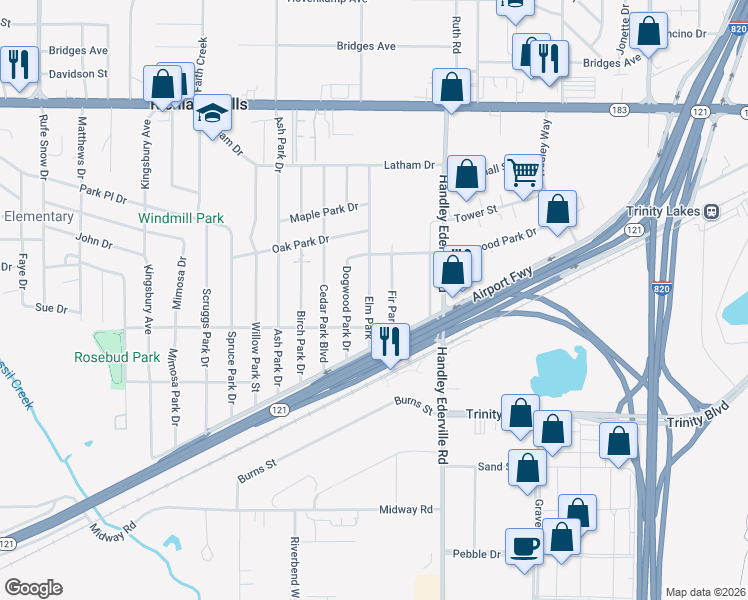 map of restaurants, bars, coffee shops, grocery stores, and more near 2812 Elm Park in Richland Hills