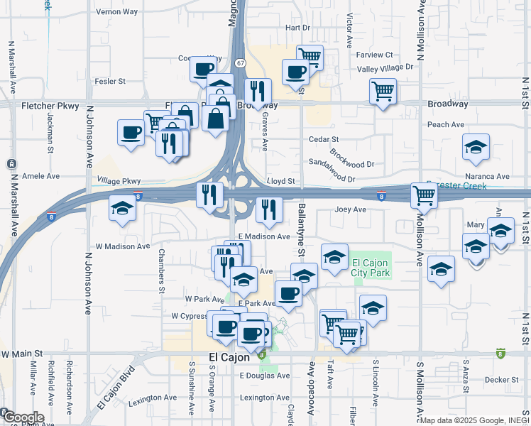 map of restaurants, bars, coffee shops, grocery stores, and more near 580 Graves Avenue in El Cajon