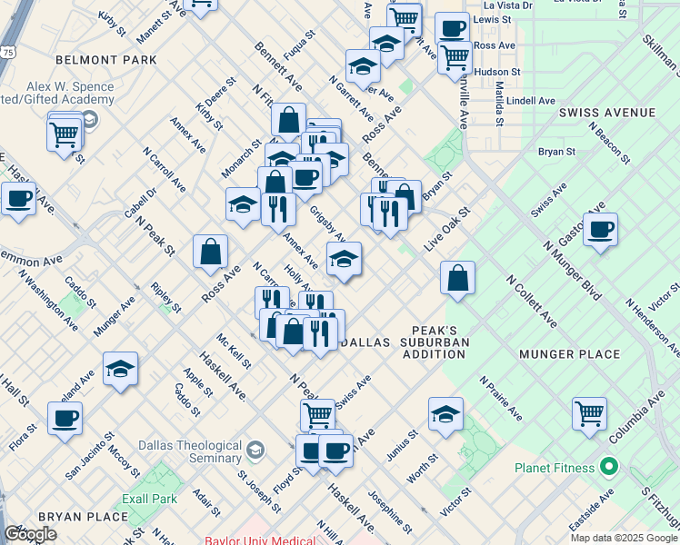 map of restaurants, bars, coffee shops, grocery stores, and more near 4609 Bryan Street in Dallas