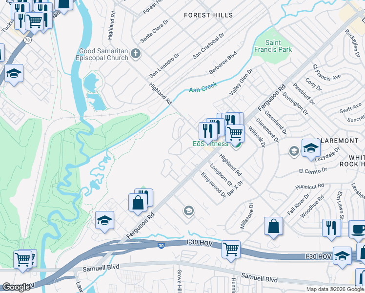 map of restaurants, bars, coffee shops, grocery stores, and more near 7817 Villa Cliff Drive in Dallas