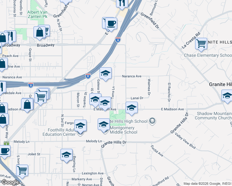 map of restaurants, bars, coffee shops, grocery stores, and more near 660 North 4th Street in El Cajon