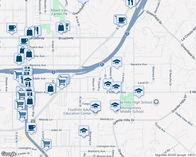 map of restaurants, bars, coffee shops, grocery stores, and more near 581 Trenton Street in El Cajon