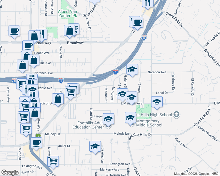 map of restaurants, bars, coffee shops, grocery stores, and more near 581 Trenton Street in El Cajon