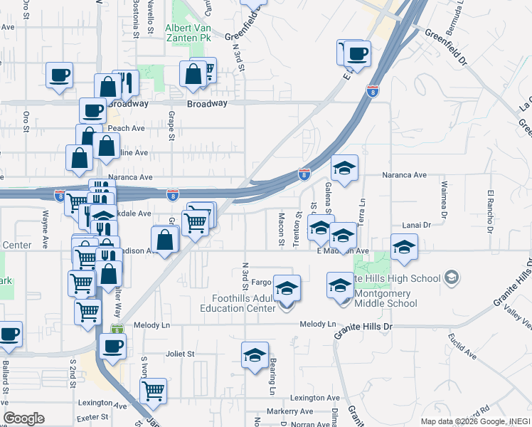 map of restaurants, bars, coffee shops, grocery stores, and more near 582 Macon Street in El Cajon