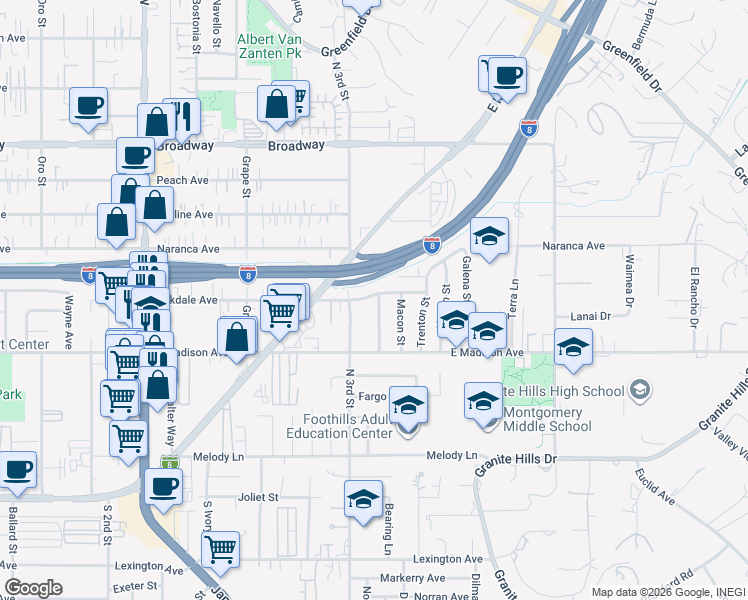 map of restaurants, bars, coffee shops, grocery stores, and more near 1511 Oakdale Avenue in El Cajon