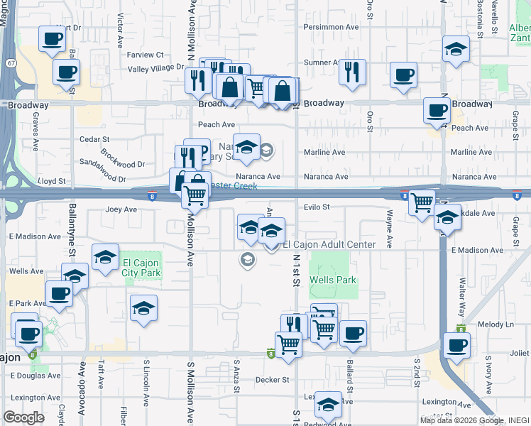 map of restaurants, bars, coffee shops, grocery stores, and more near 567 Ann Street in El Cajon