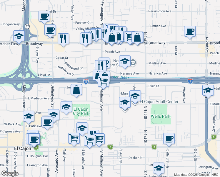 map of restaurants, bars, coffee shops, grocery stores, and more near 578 Nadeen Way in El Cajon