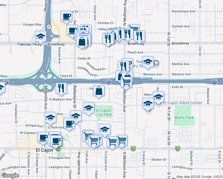 map of restaurants, bars, coffee shops, grocery stores, and more near 715 Joey Avenue in El Cajon