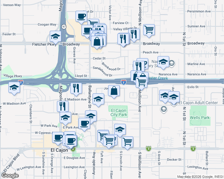 map of restaurants, bars, coffee shops, grocery stores, and more near 556 Clifton Street in El Cajon