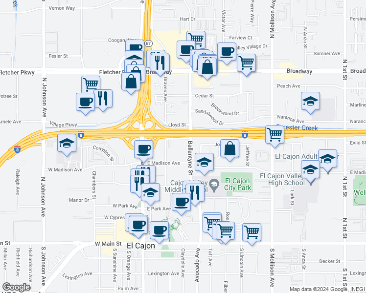 map of restaurants, bars, coffee shops, grocery stores, and more near 205 Beech Street in El Cajon
