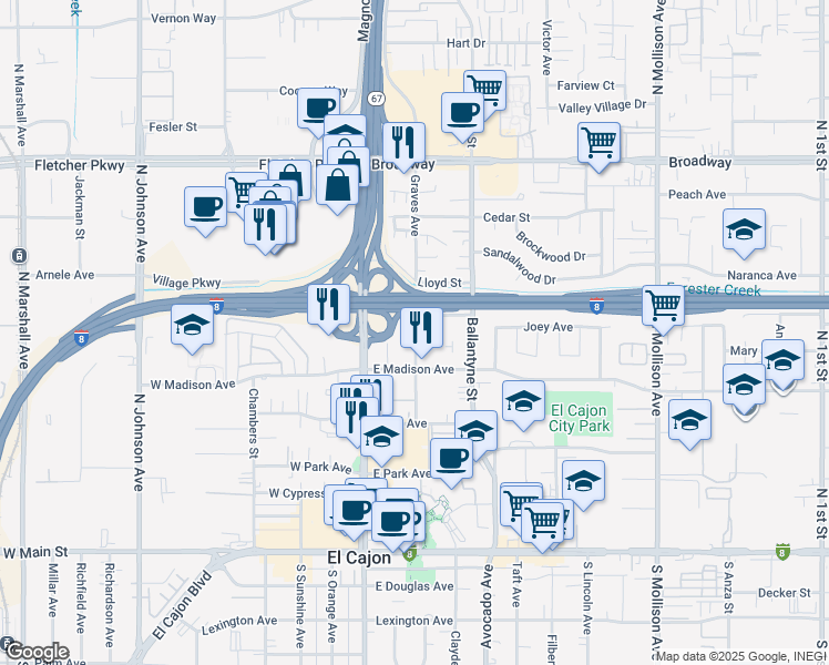 map of restaurants, bars, coffee shops, grocery stores, and more near 580 Graves Avenue in El Cajon