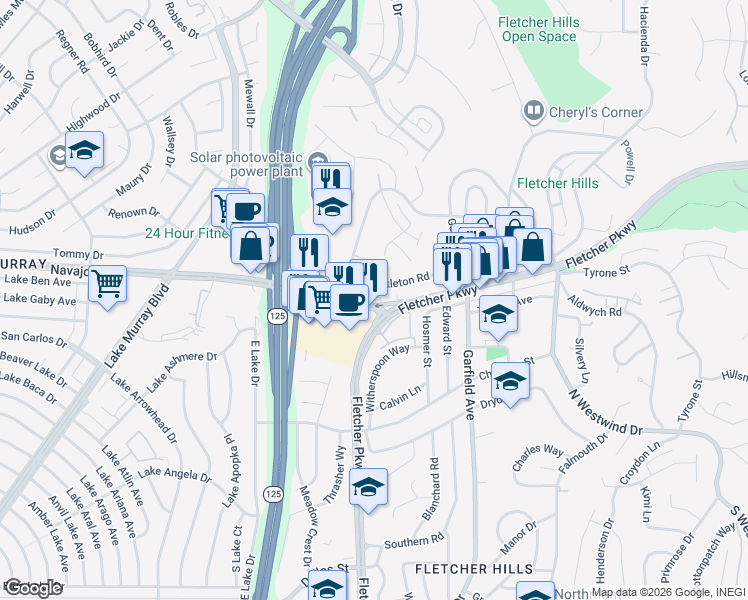 map of restaurants, bars, coffee shops, grocery stores, and more near 2150 Navajo Road in El Cajon