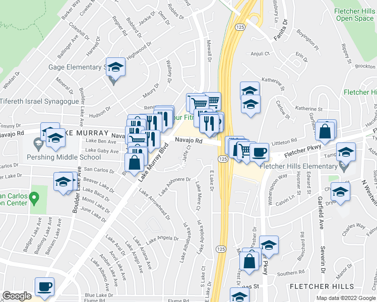 map of restaurants, bars, coffee shops, grocery stores, and more near 8771 Navajo Road in San Diego