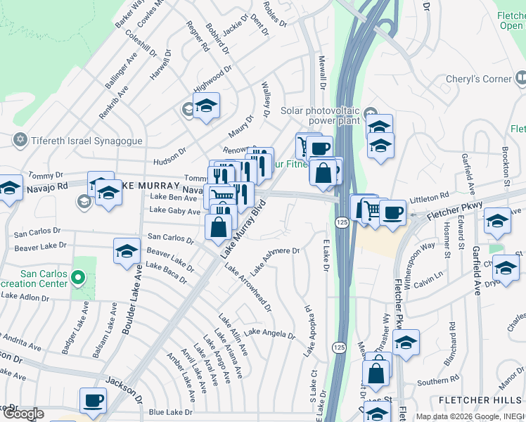 map of restaurants, bars, coffee shops, grocery stores, and more near 8719 Lake Murray Boulevard in San Diego