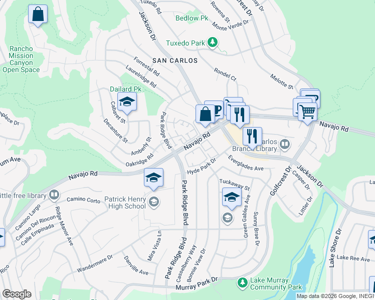 map of restaurants, bars, coffee shops, grocery stores, and more near 7121 Navajo Road in San Diego