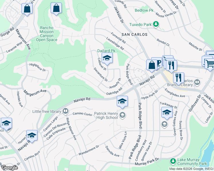 map of restaurants, bars, coffee shops, grocery stores, and more near 6530 Amberly Street in San Diego