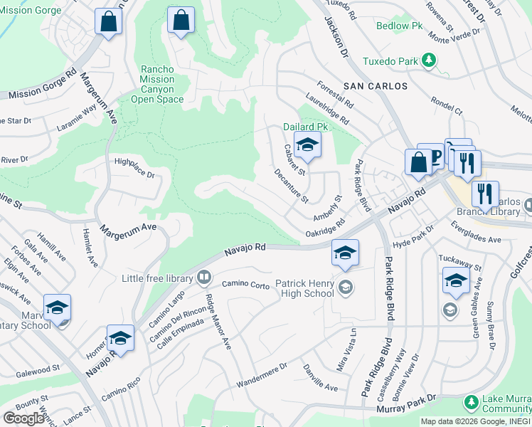 map of restaurants, bars, coffee shops, grocery stores, and more near 6387 Oakridge Road in San Diego
