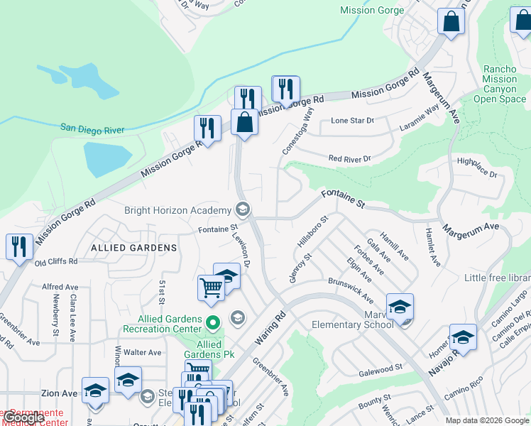 map of restaurants, bars, coffee shops, grocery stores, and more near 5350 Fontaine Street in San Diego