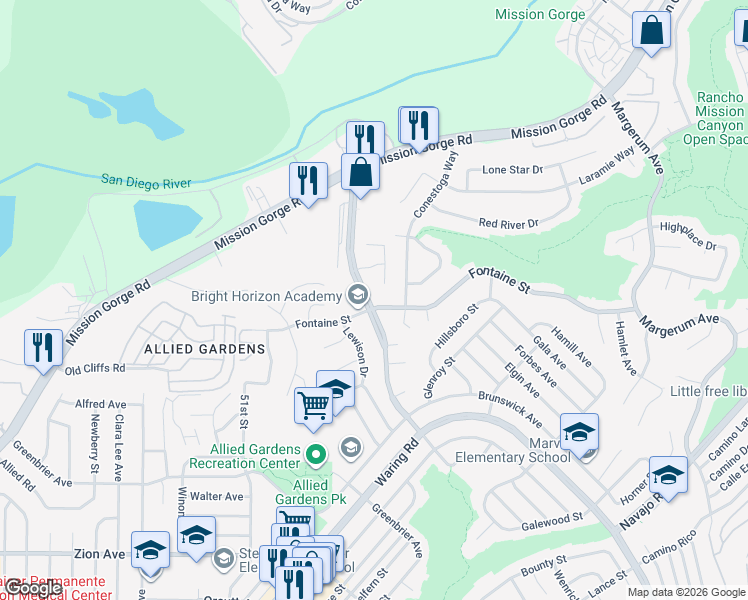 map of restaurants, bars, coffee shops, grocery stores, and more near 5350 Fontaine Street in San Diego