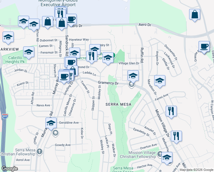 map of restaurants, bars, coffee shops, grocery stores, and more near 3281 Pasternack Place in San Diego