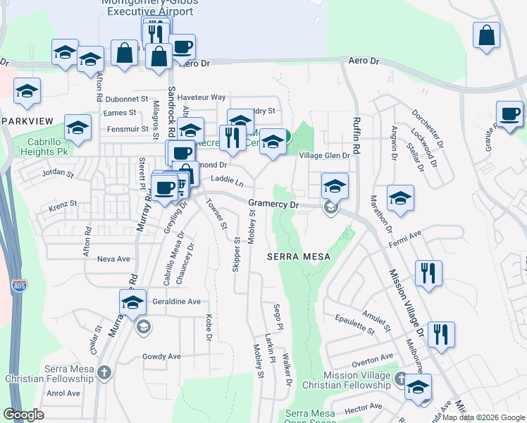 map of restaurants, bars, coffee shops, grocery stores, and more near 3257 Mobley Street in San Diego