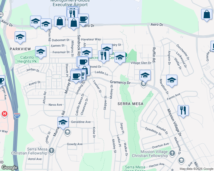 map of restaurants, bars, coffee shops, grocery stores, and more near 8847 Lassie Lane in San Diego