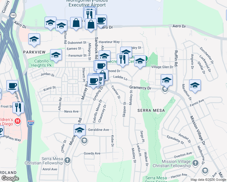 map of restaurants, bars, coffee shops, grocery stores, and more near 3281 Cabrillo Mesa Drive in San Diego