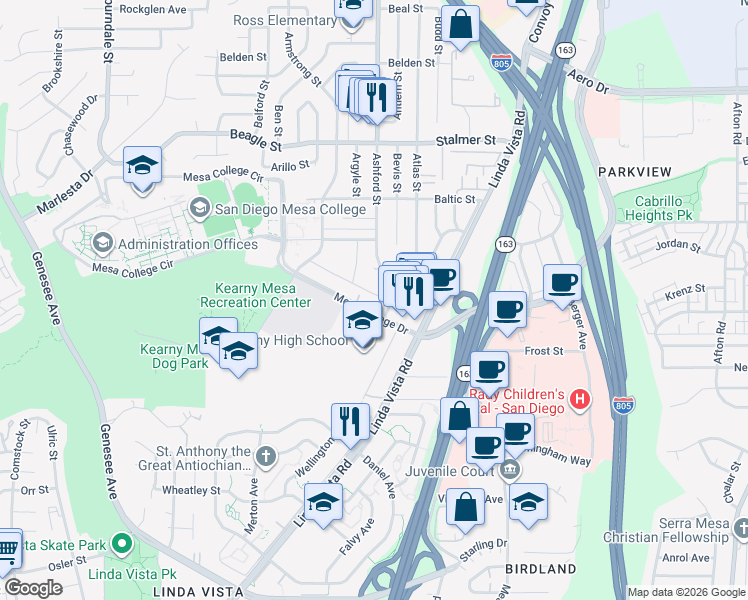 map of restaurants, bars, coffee shops, grocery stores, and more near 7414 Mesa College Drive in San Diego