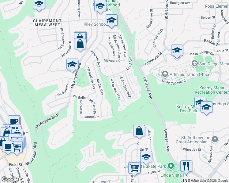 map of restaurants, bars, coffee shops, grocery stores, and more near 3121-3239 West Fox Run Way in San Diego