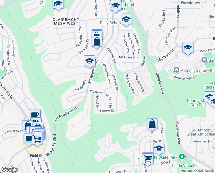 map of restaurants, bars, coffee shops, grocery stores, and more near 3338 Mount Tami Lane in San Diego