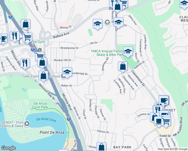 map of restaurants, bars, coffee shops, grocery stores, and more near 3804 Baker Street in San Diego
