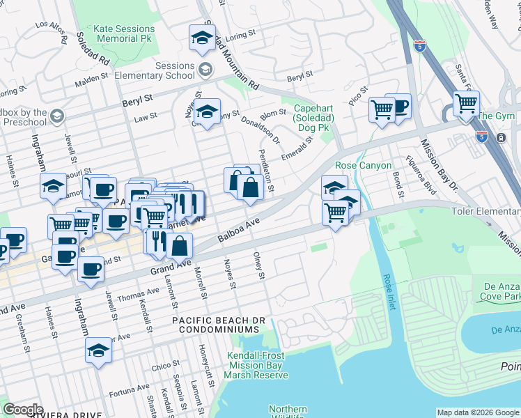 map of restaurants, bars, coffee shops, grocery stores, and more near 2207 Garnet Avenue in San Diego
