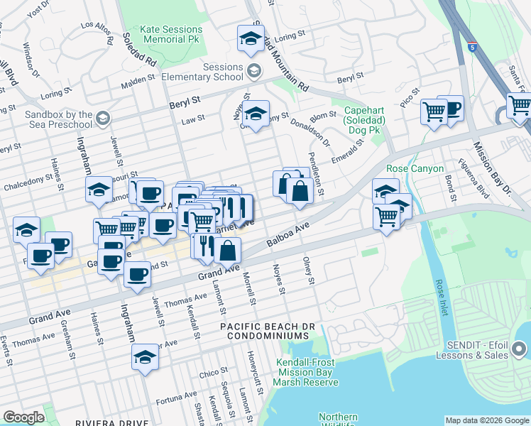 map of restaurants, bars, coffee shops, grocery stores, and more near 2138 Garnet Avenue in San Diego