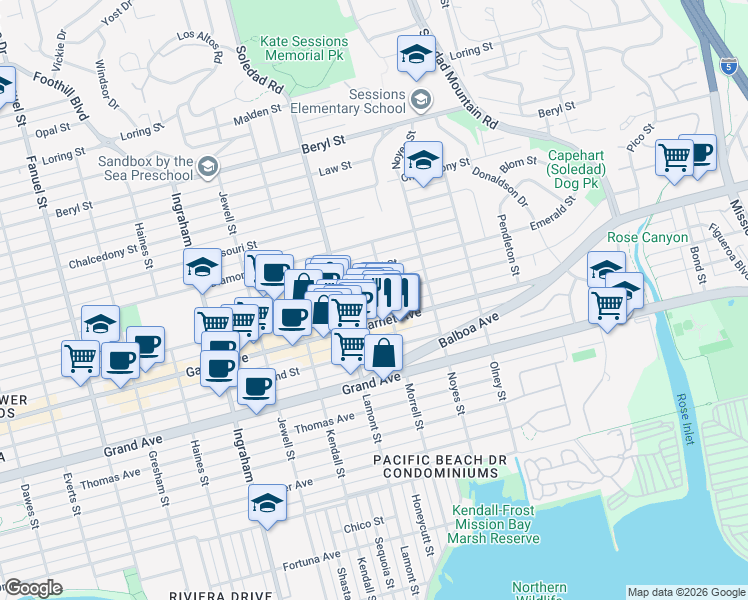 map of restaurants, bars, coffee shops, grocery stores, and more near 4526 Morrell Street in San Diego