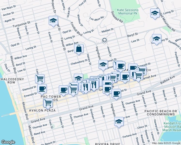 map of restaurants, bars, coffee shops, grocery stores, and more near 1450 Diamond Street in San Diego