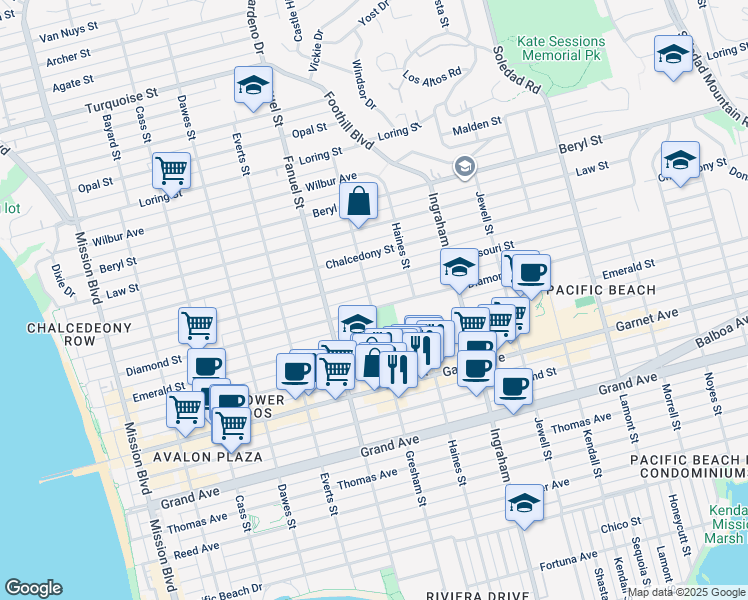 map of restaurants, bars, coffee shops, grocery stores, and more near 1362 Diamond Street in San Diego