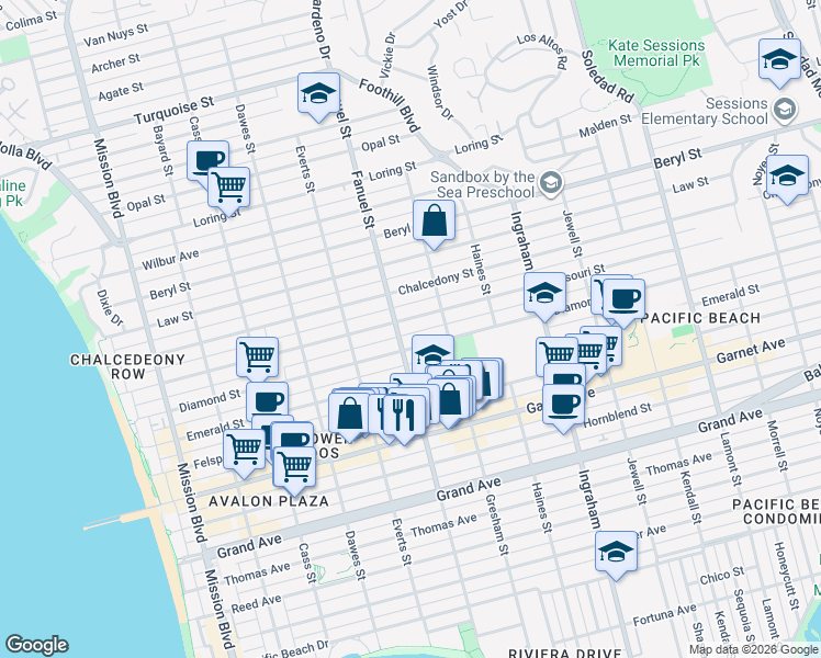 map of restaurants, bars, coffee shops, grocery stores, and more near 1277 Missouri Street in San Diego