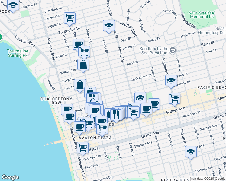map of restaurants, bars, coffee shops, grocery stores, and more near in San Diego
