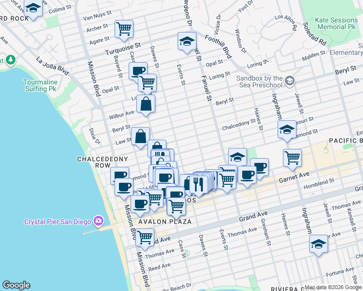 map of restaurants, bars, coffee shops, grocery stores, and more near in San Diego