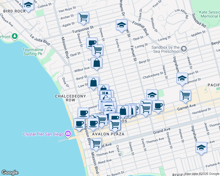 map of restaurants, bars, coffee shops, grocery stores, and more near in San Diego