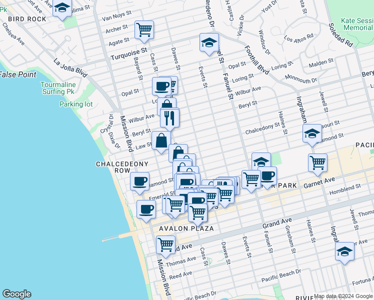 map of restaurants, bars, coffee shops, grocery stores, and more near in San Diego