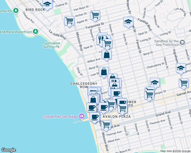 map of restaurants, bars, coffee shops, grocery stores, and more near 819 Law Street in San Diego